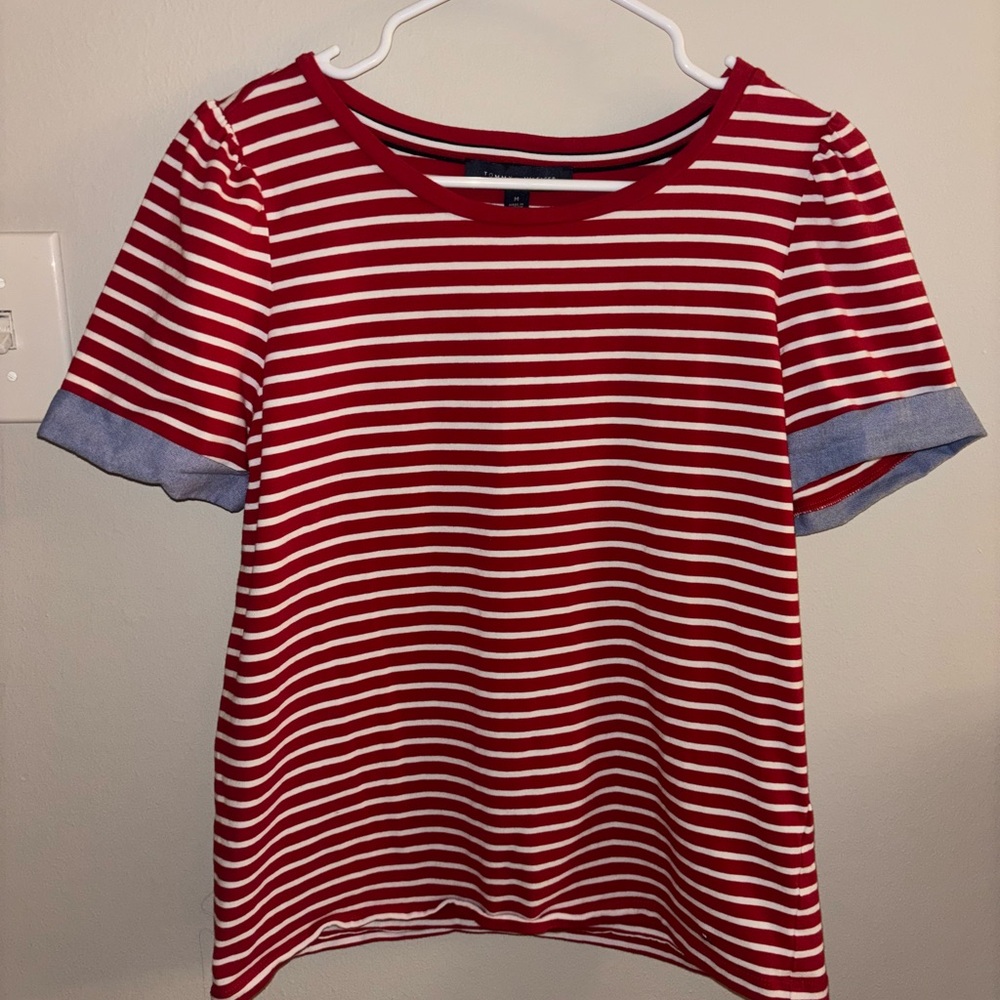 Chic Red and White Striped Tee with Denim Accents